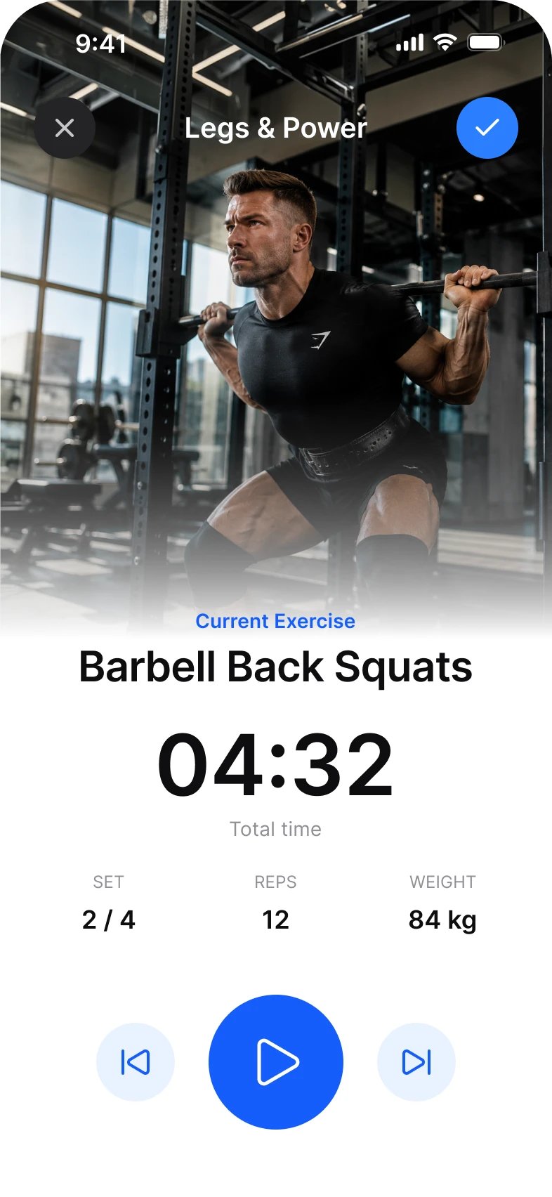 Fitness app, exercise screen, light