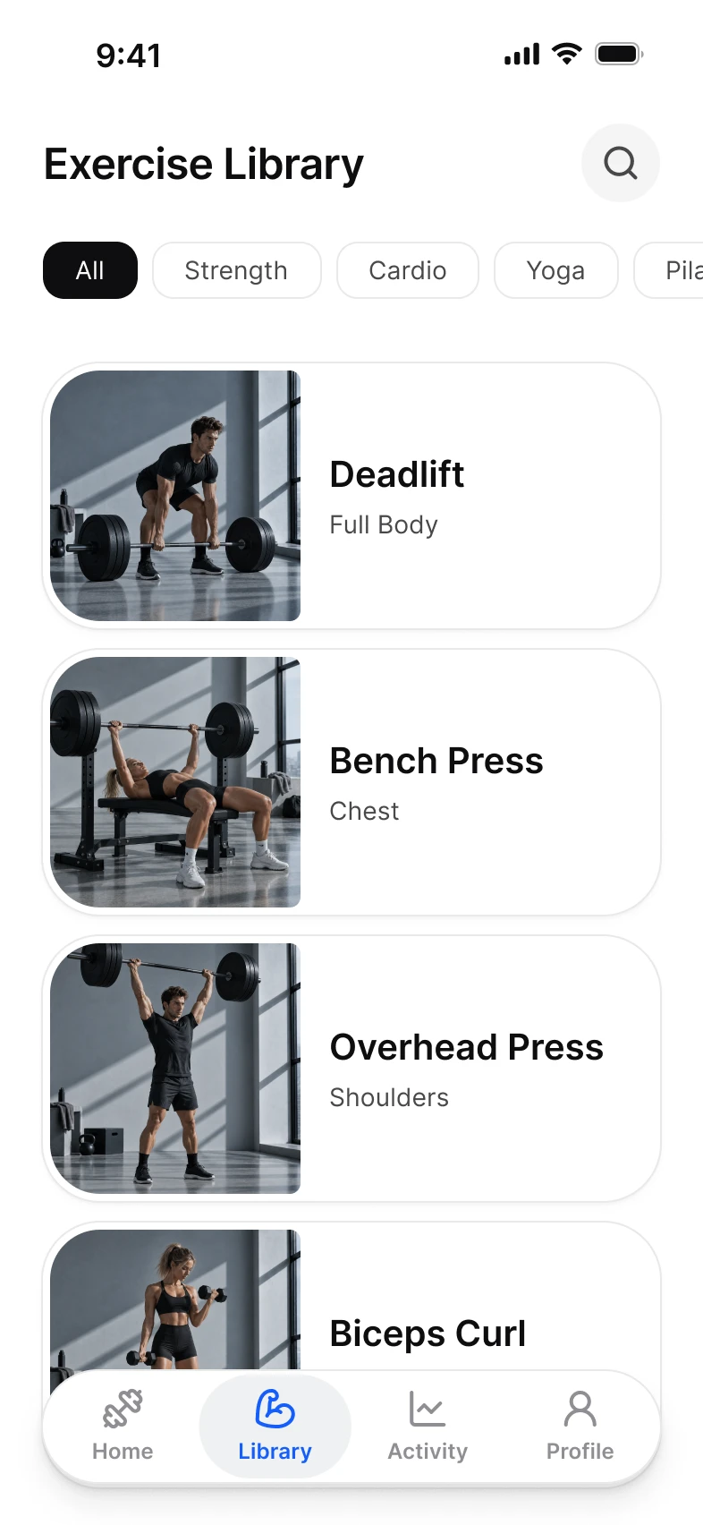 Fitness app, library screen, light