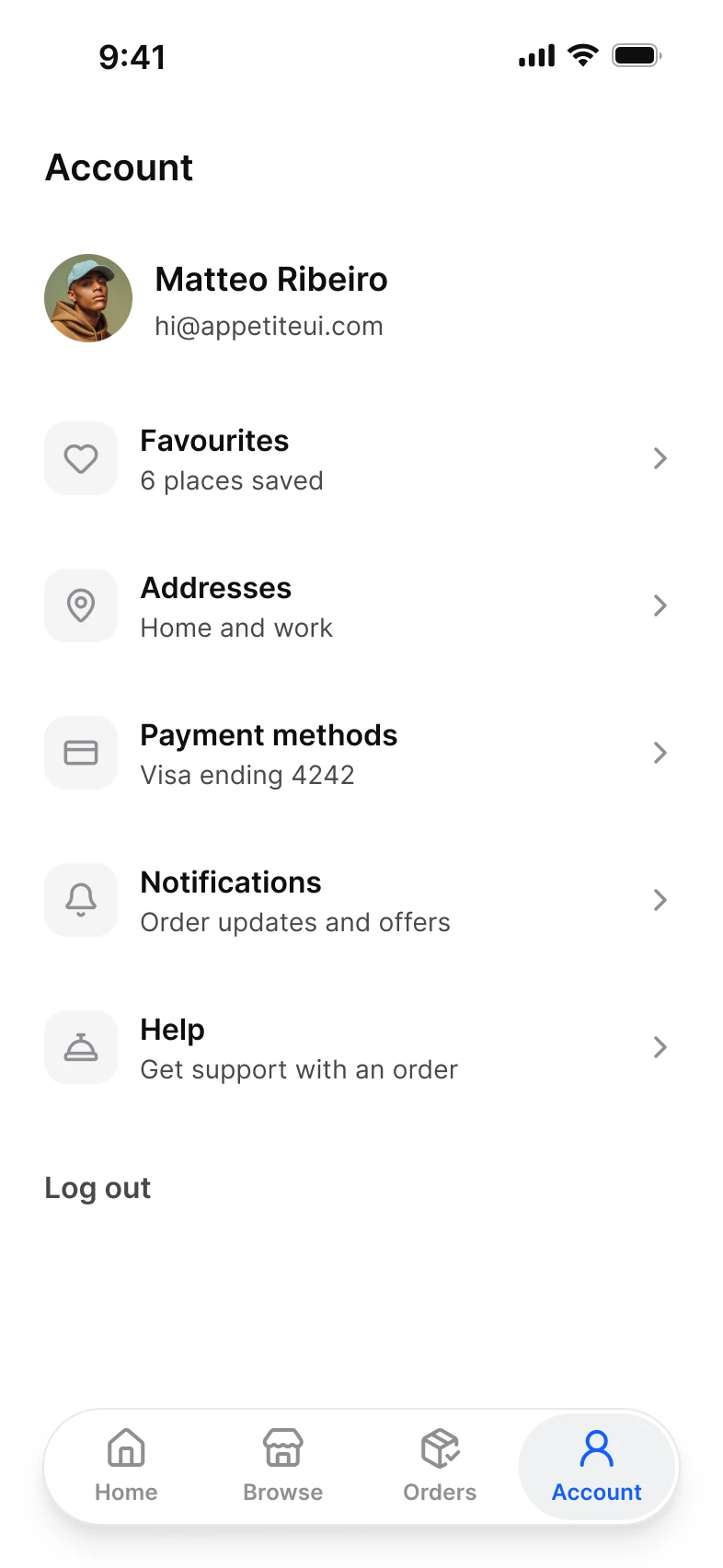 Foodie app, account screen, light