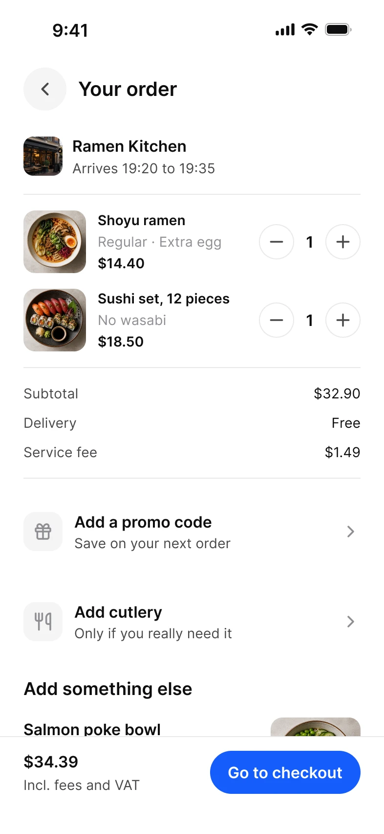 Foodie app, cart screen, light