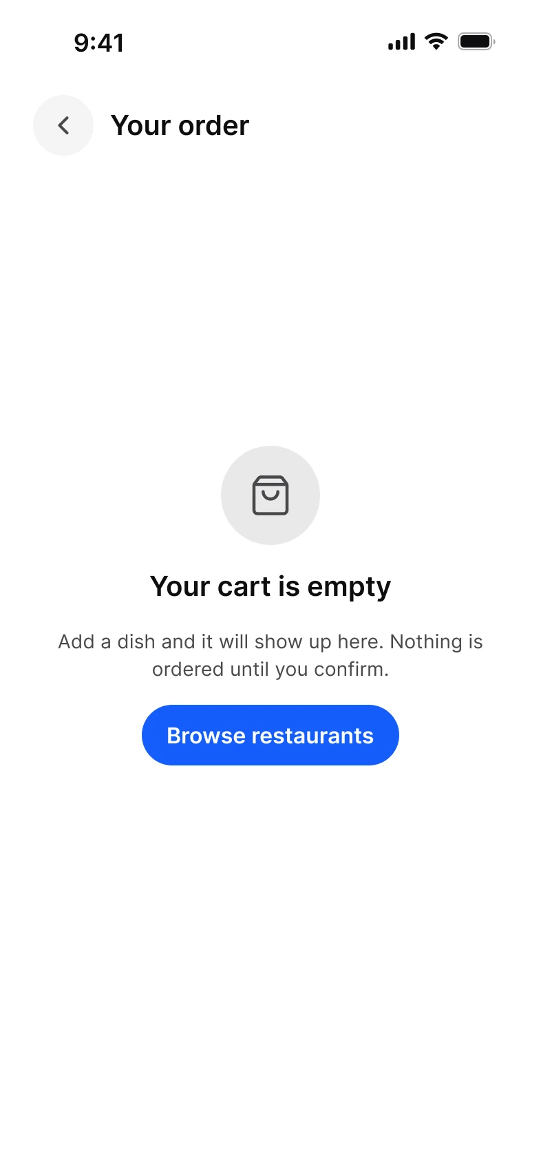 Foodie app, cart empty screen, light