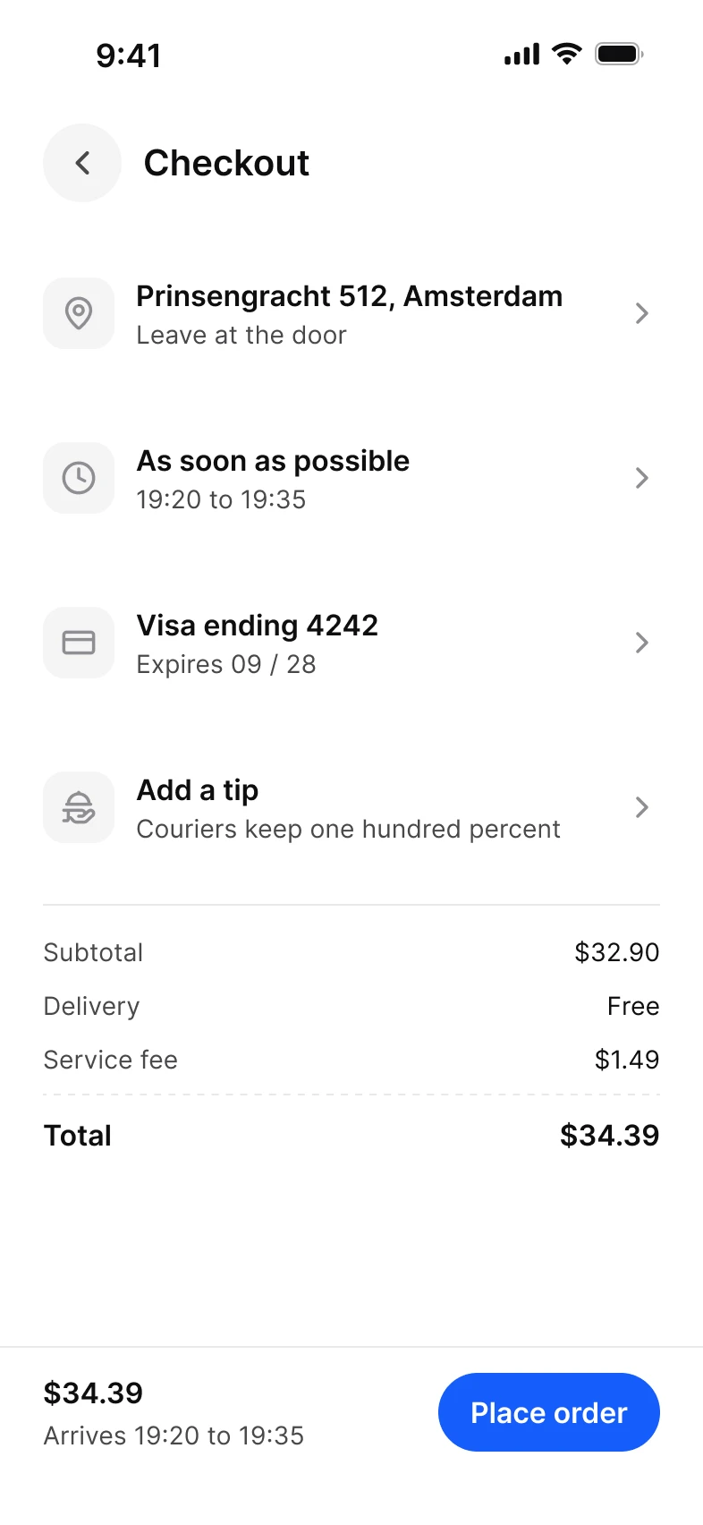 Foodie app, checkout screen, light