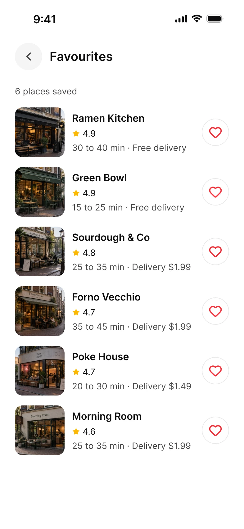 Foodie app, favourites screen, light