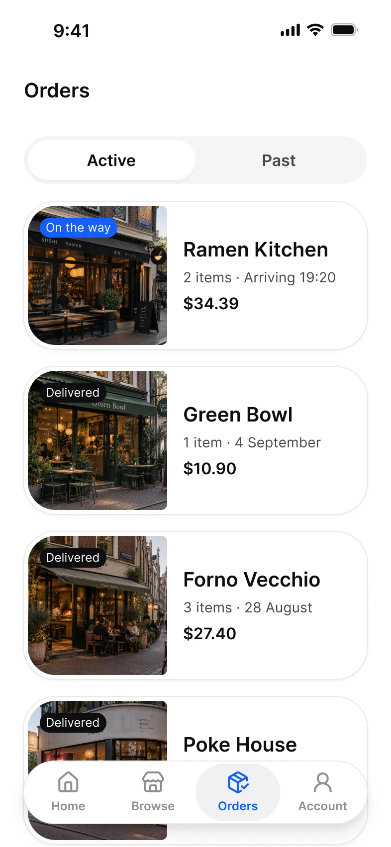 Foodie app, orders screen, light