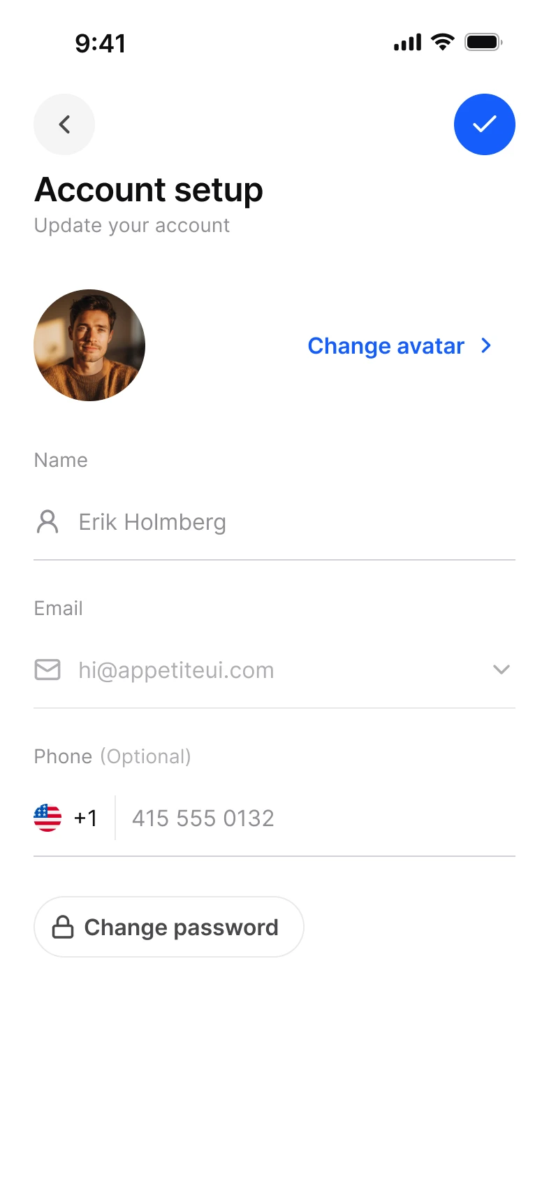 Settings app, account setup screen, light