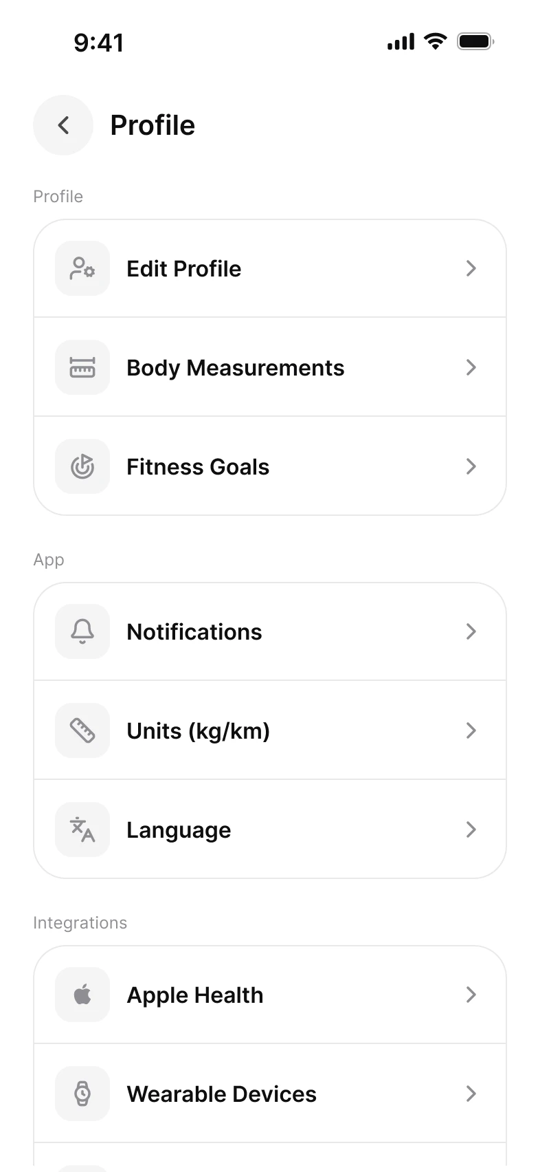Settings app, menu screen, light