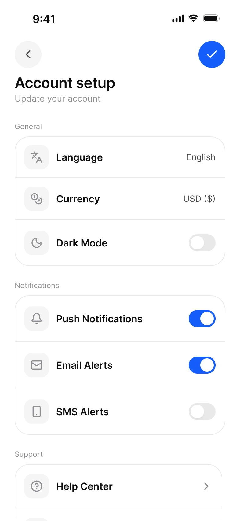 Settings app, selection screen, light