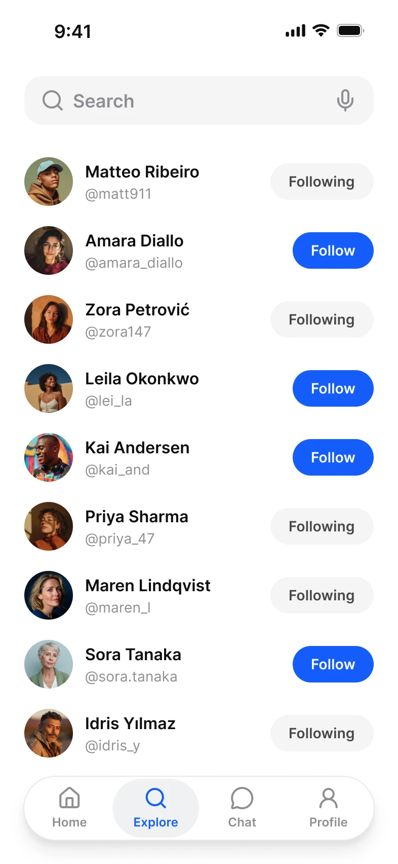 Social app, search screen, light