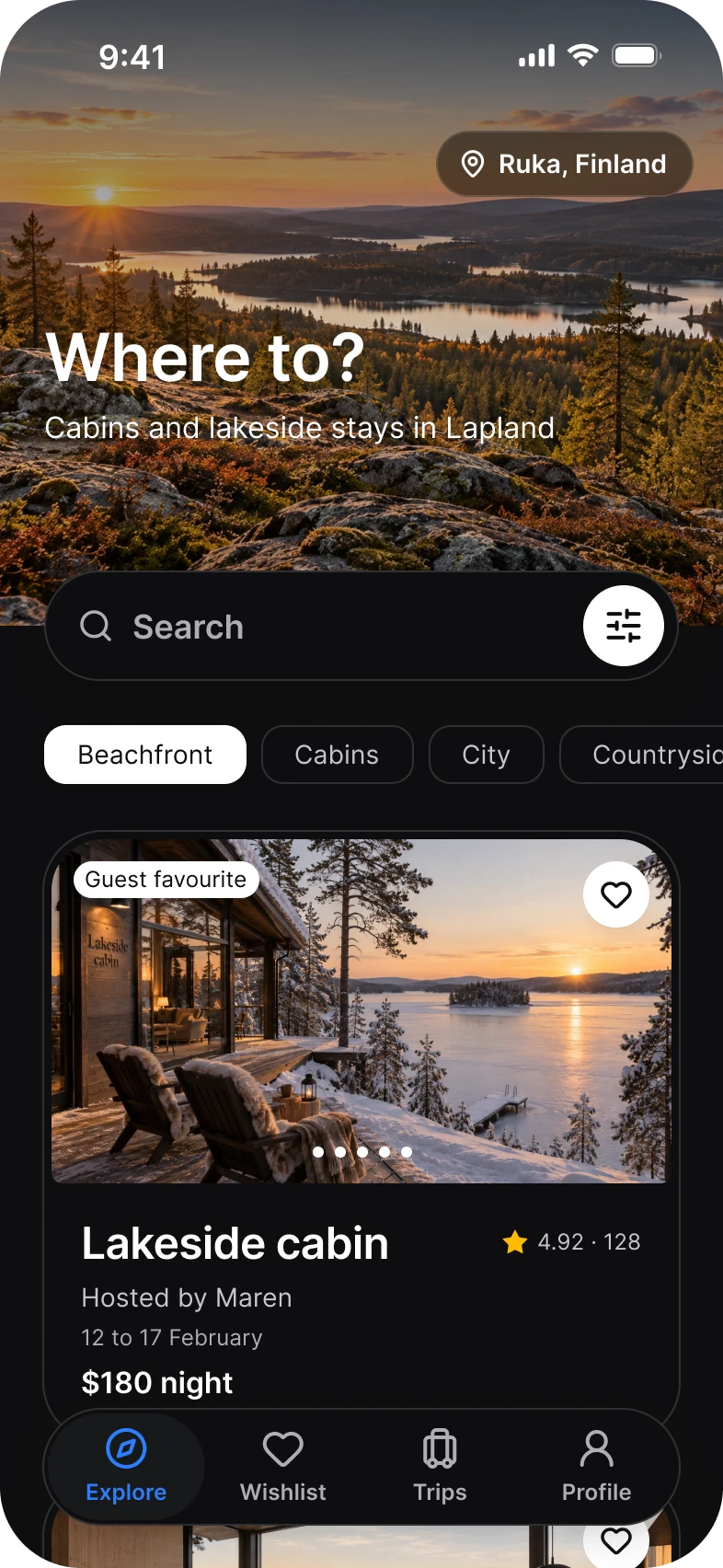 Booking app, explore screen, dark