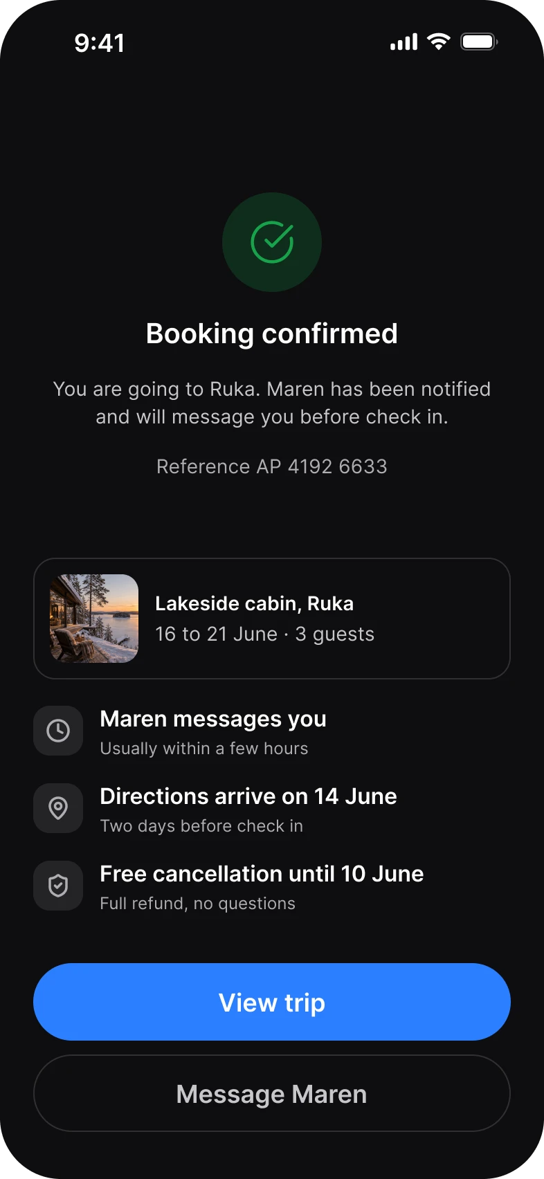 Booking app, confirmed screen, dark