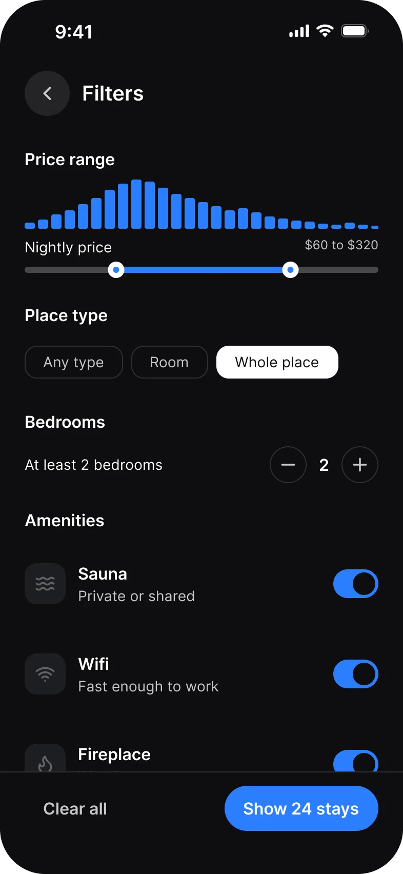 Booking app, filters screen, dark