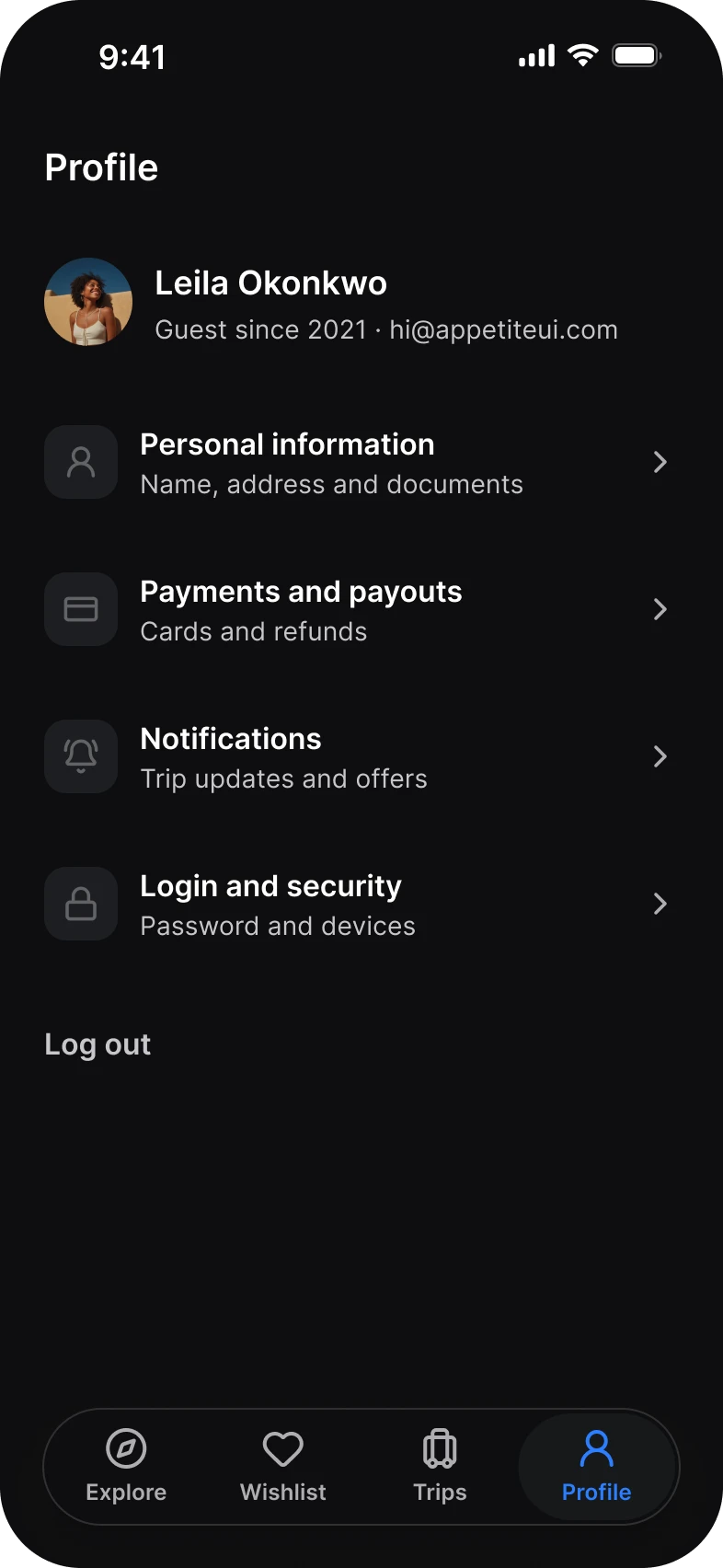 Booking app, profile screen, dark