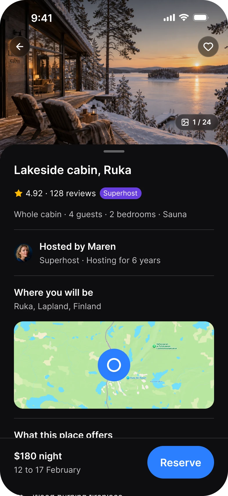 Booking app, listing screen, dark
