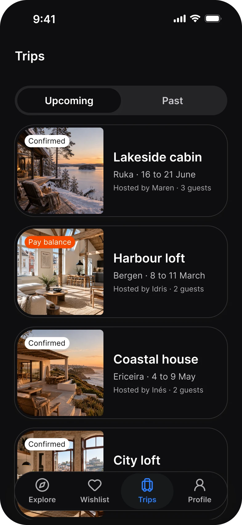 Booking app, trips screen, dark