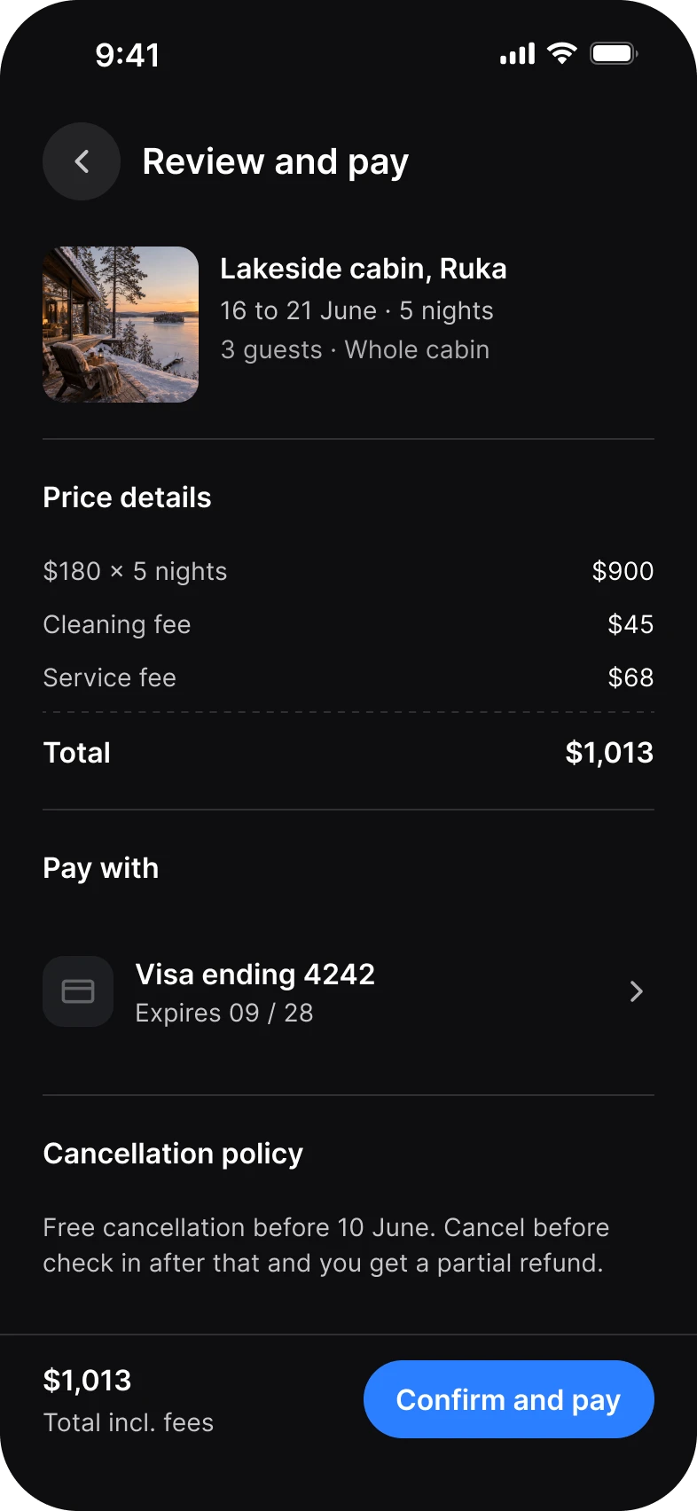 Booking app, review and pay screen, dark
