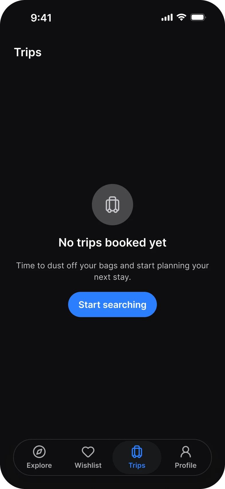 Booking app, trips empty screen, dark