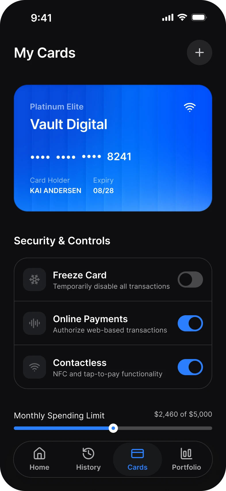 Finance app, history screen, dark