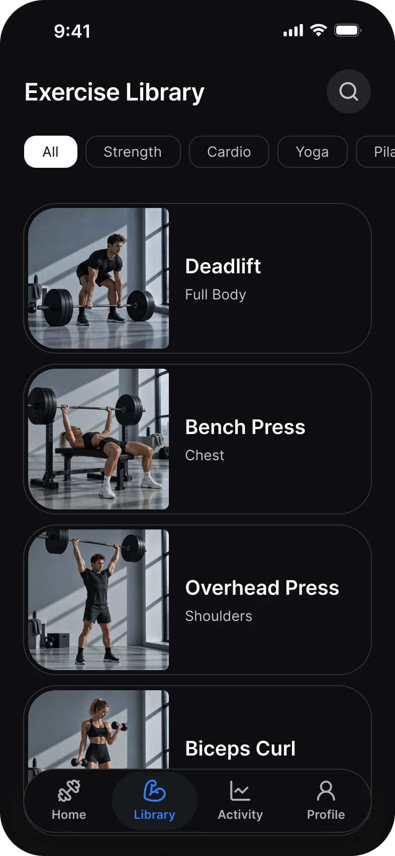 Fitness app, library screen, dark