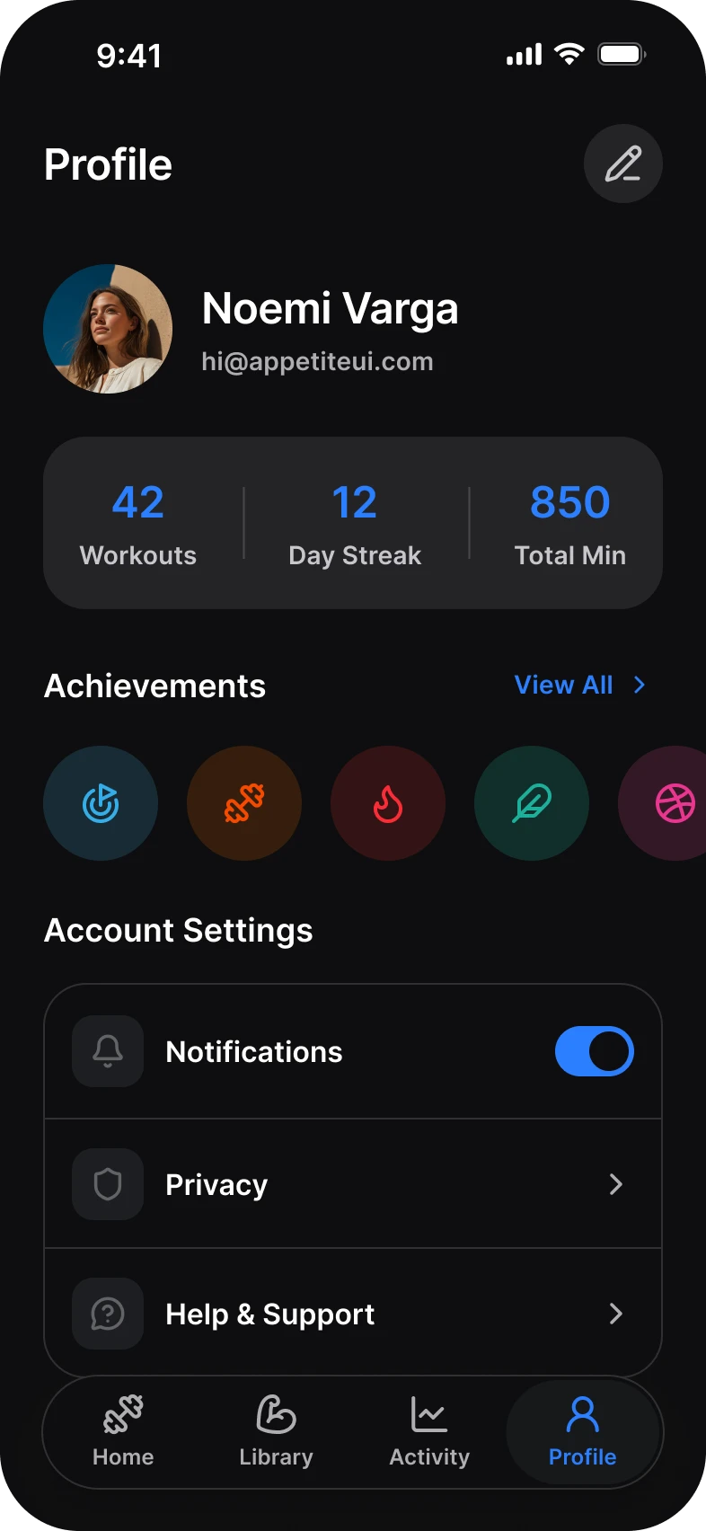 Fitness app, profile screen, dark