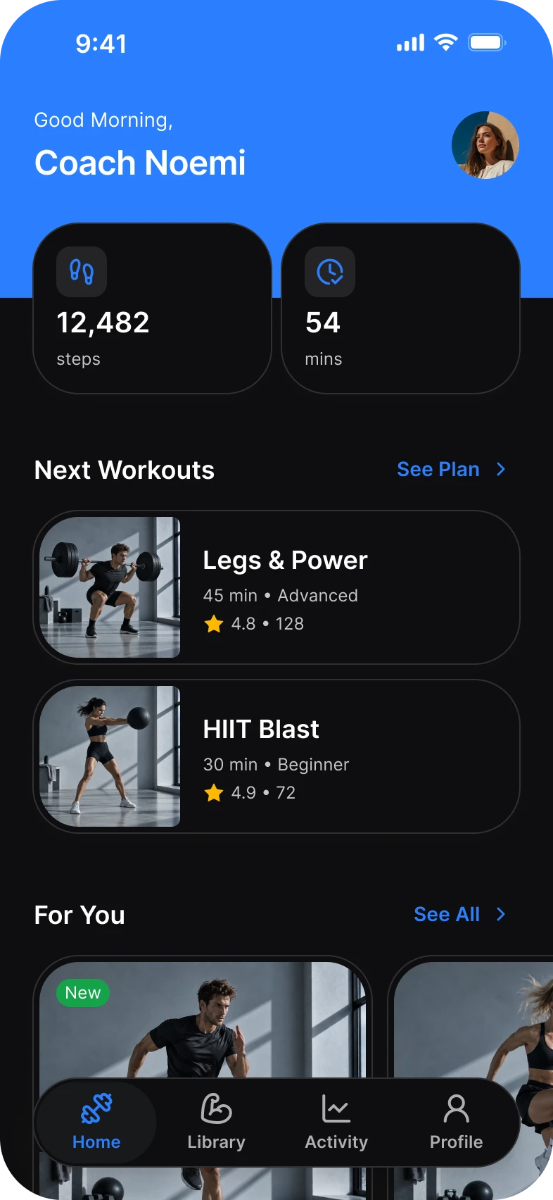 Fitness app, dashboard screen, dark