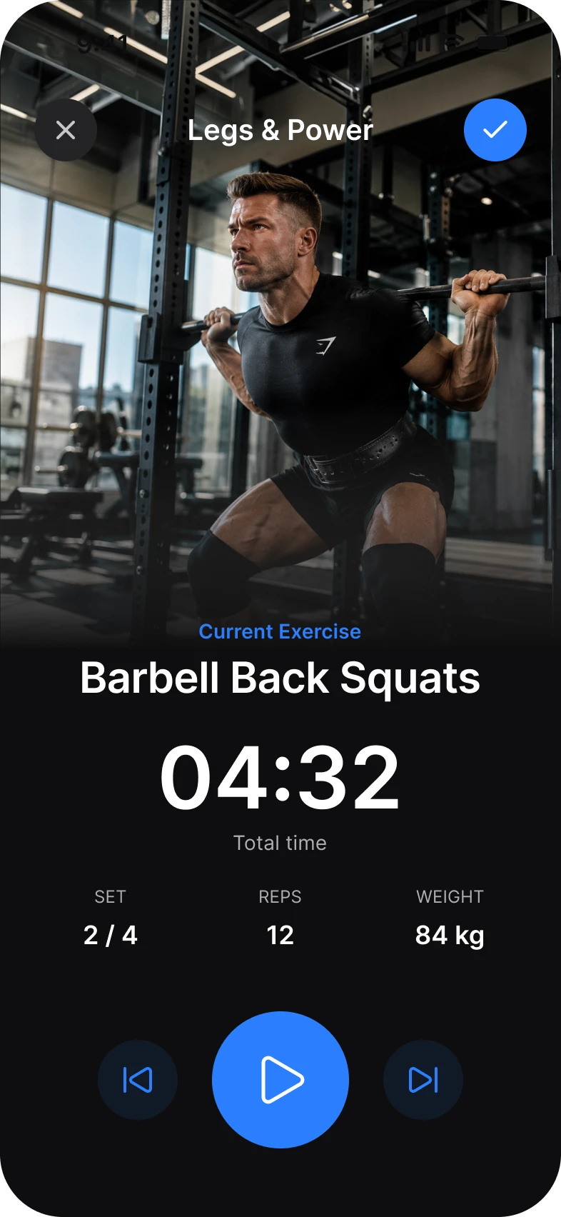 Fitness app, exercise screen, dark