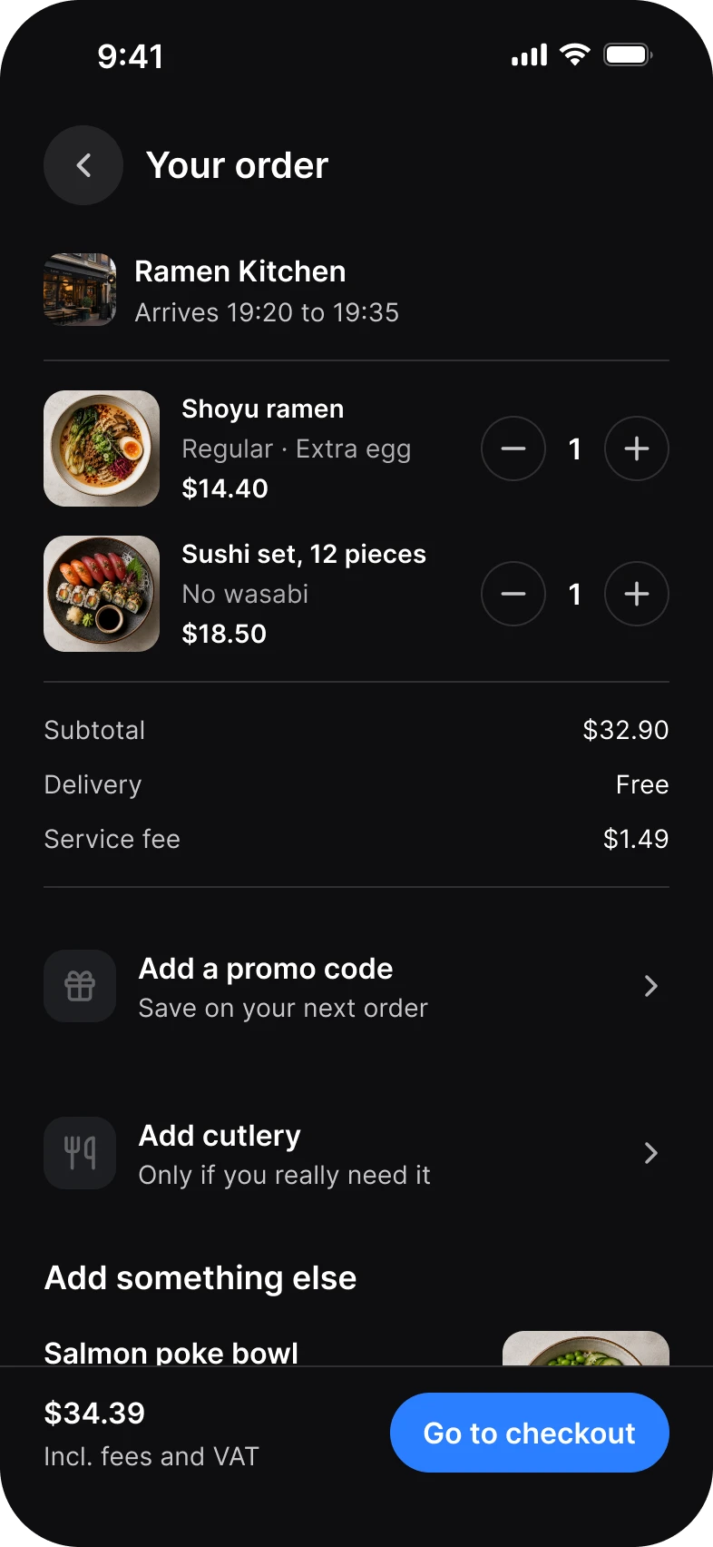 Foodie app, cart screen, dark