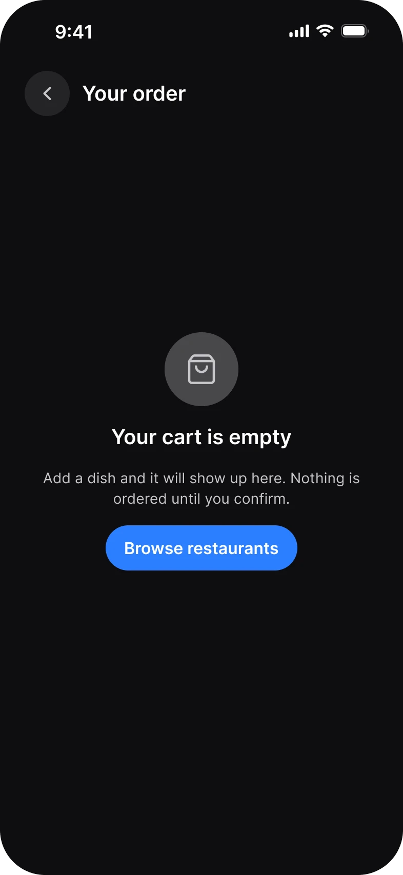 Foodie app, cart empty screen, dark