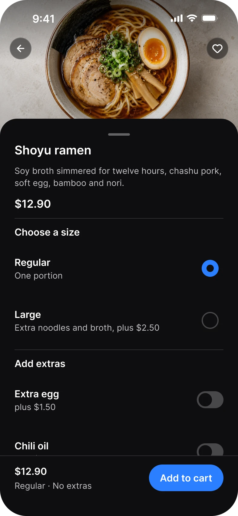 Foodie app, dish screen, dark