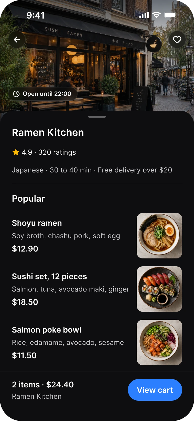Foodie app, restaurant screen, dark