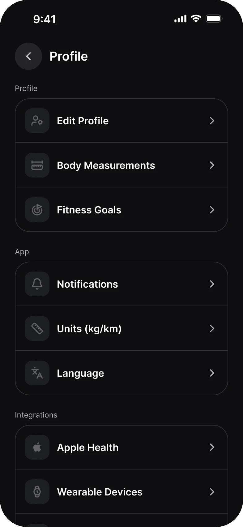 Settings app, menu screen, dark