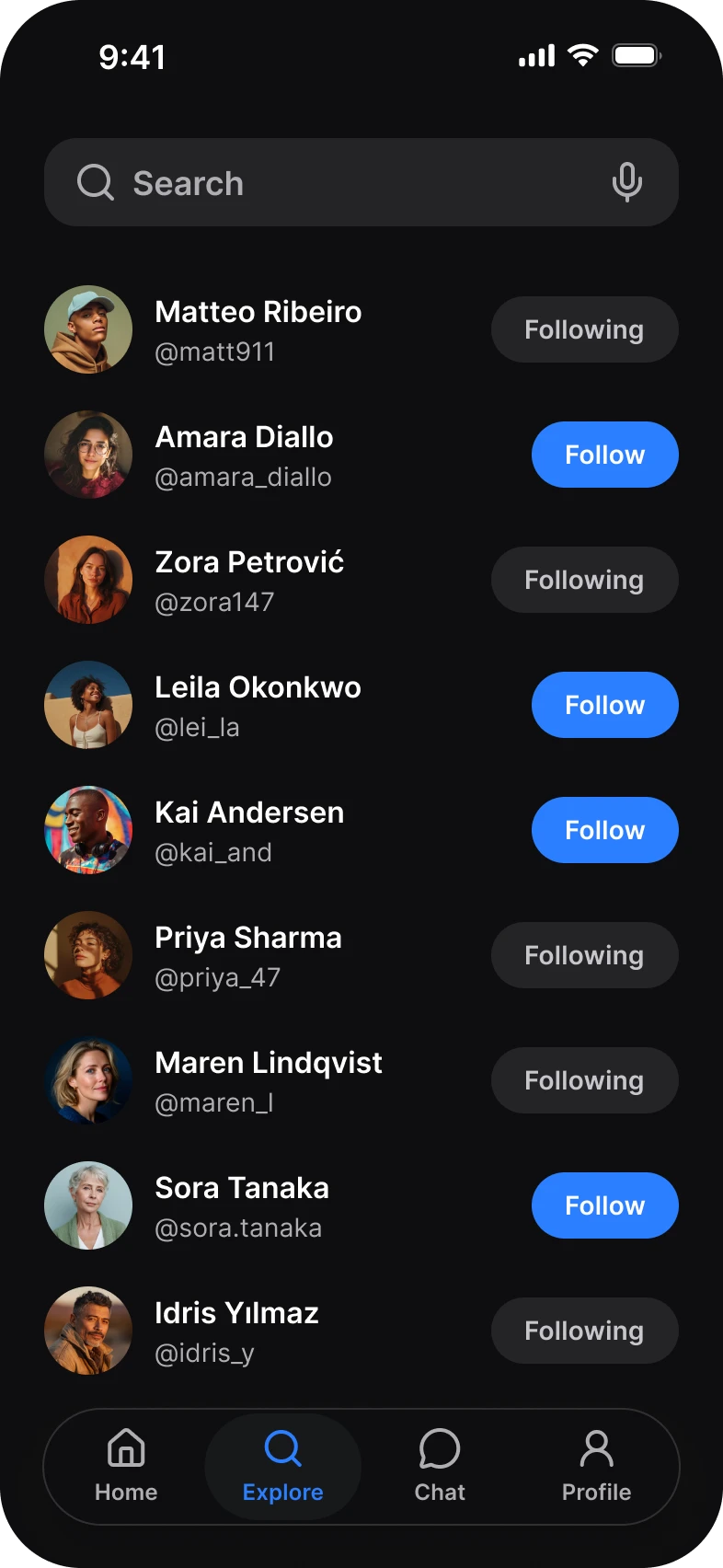 Social app, search screen, dark