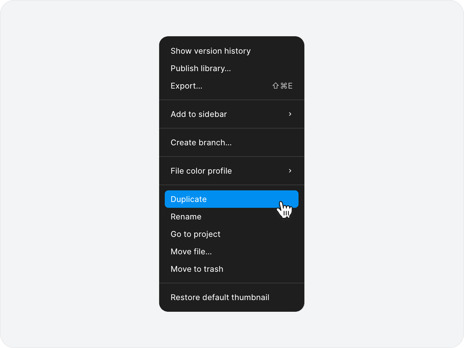 Figma file menu with Duplicate selected