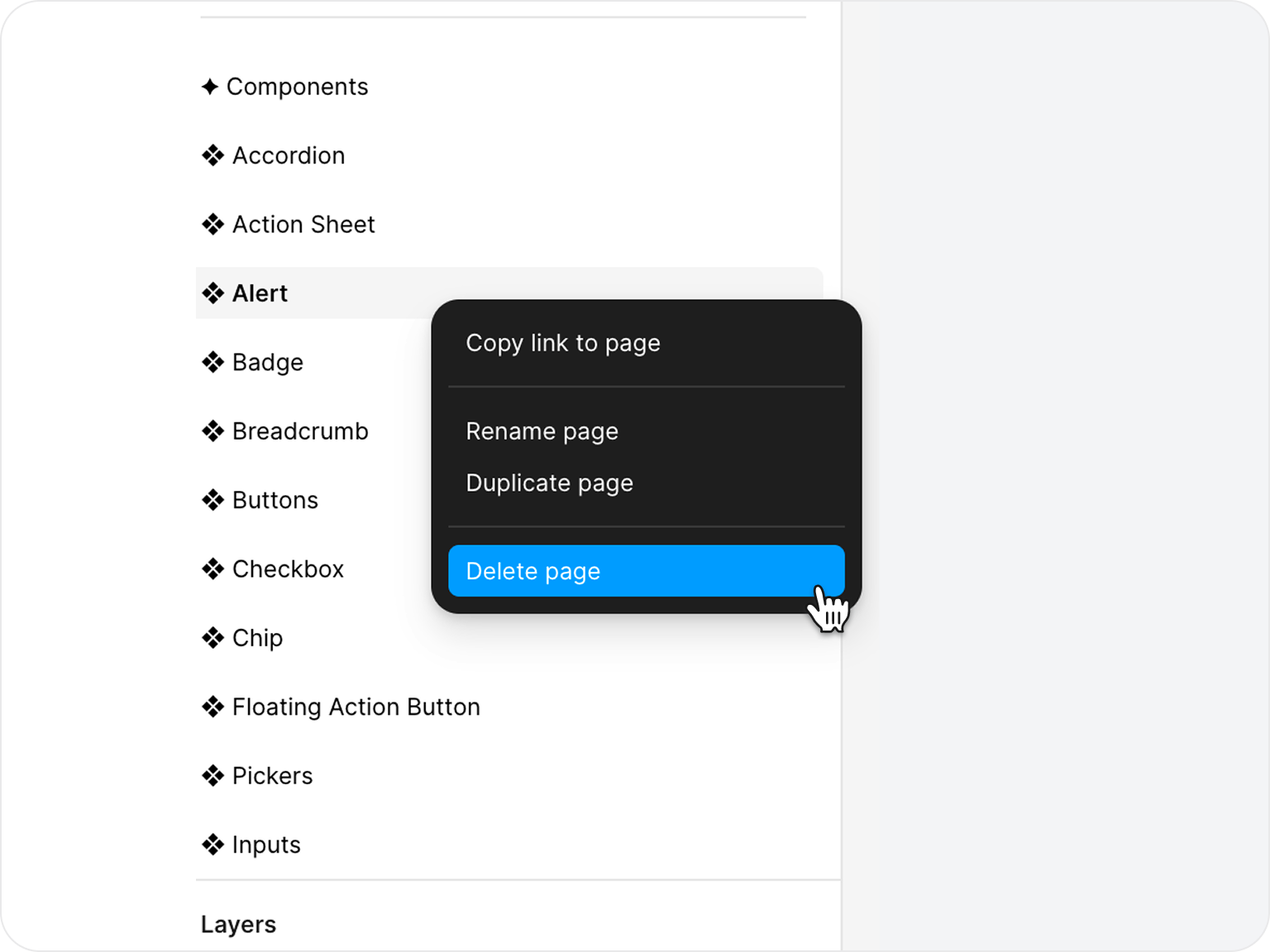 Figma pages list with Delete page selected