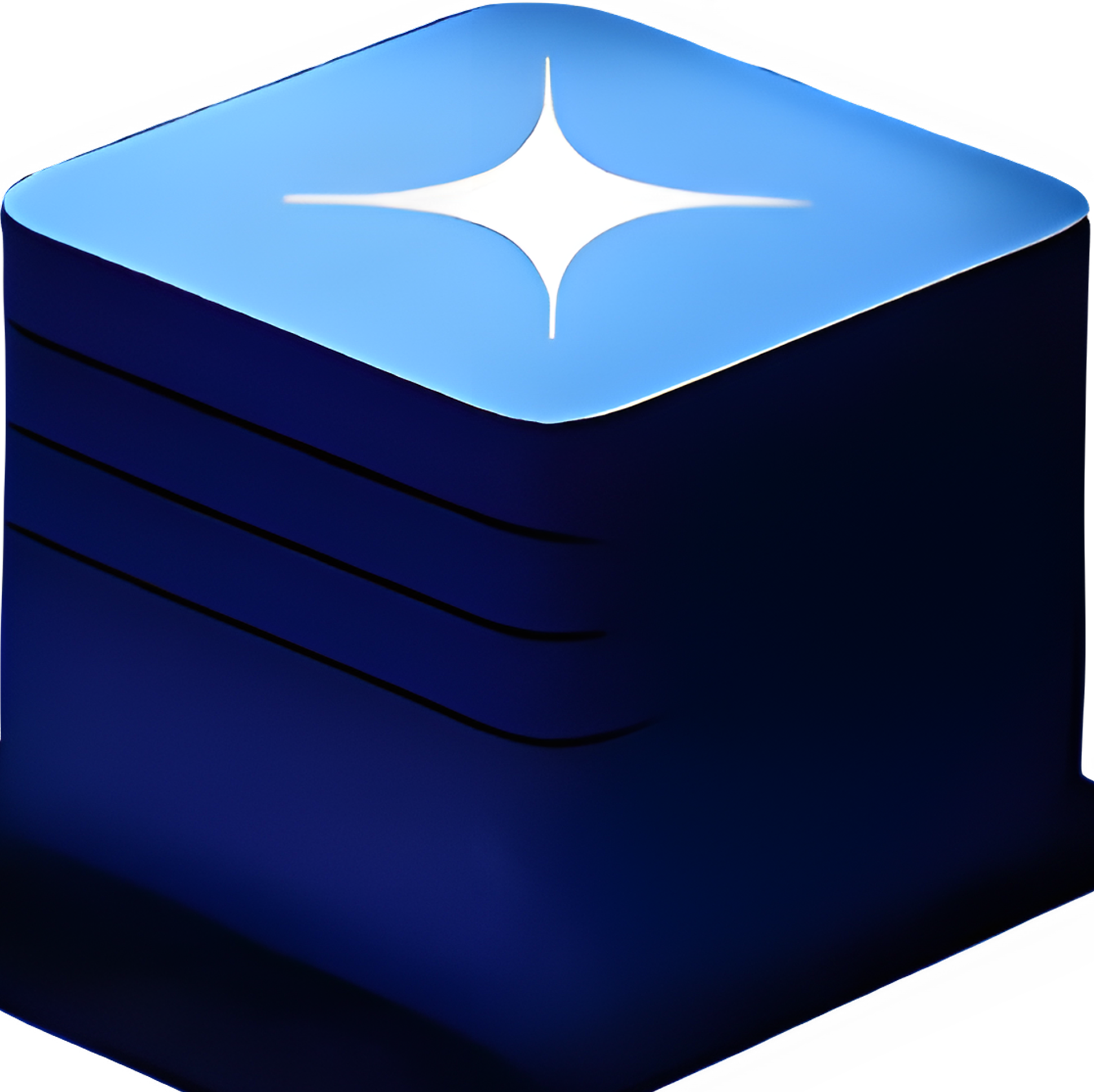 A glowing three dimensional cube with a shining star logo on the top face, isometric perspective