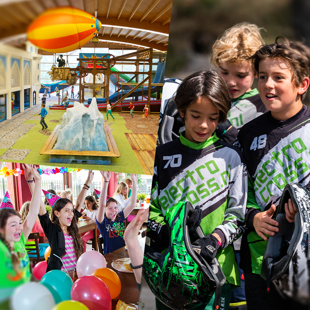 Avonturenpark, kindermenu en blije kinderen in crosspak