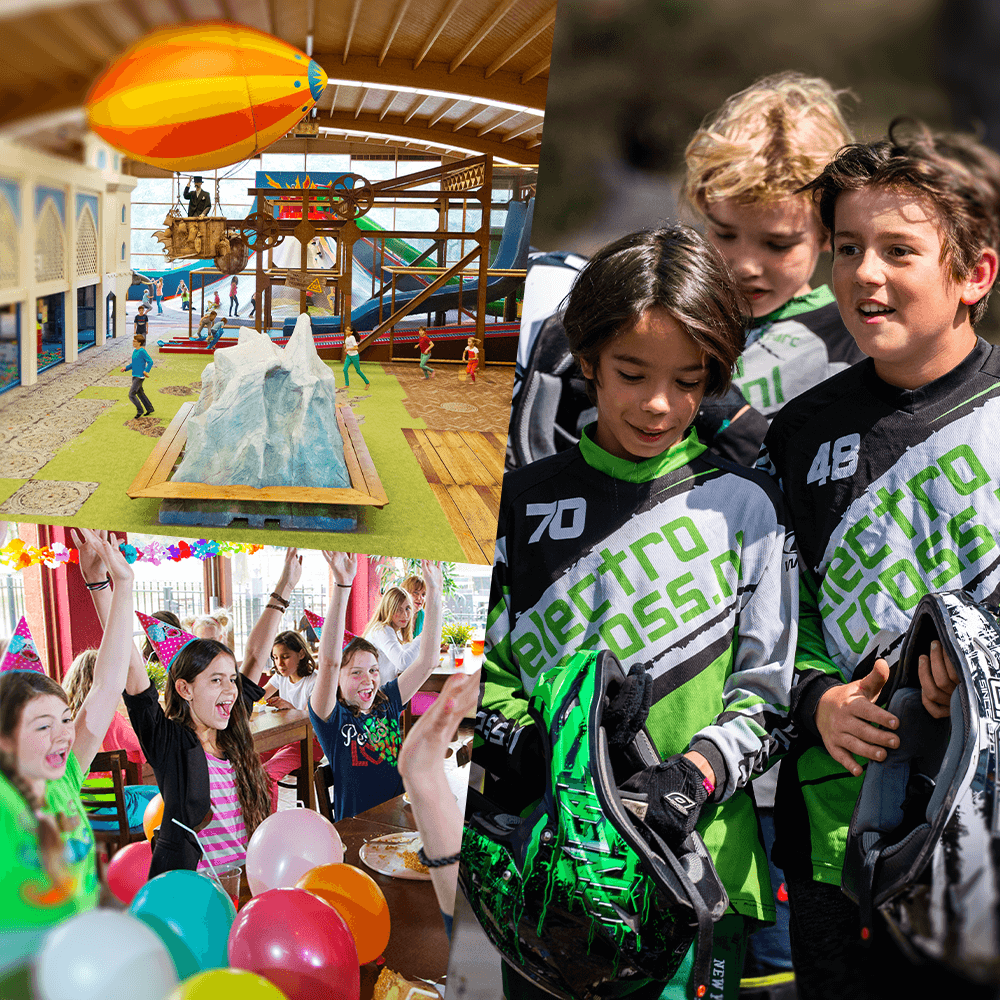 Avonturenpark, kindermenu en blije kinderen in crosspak