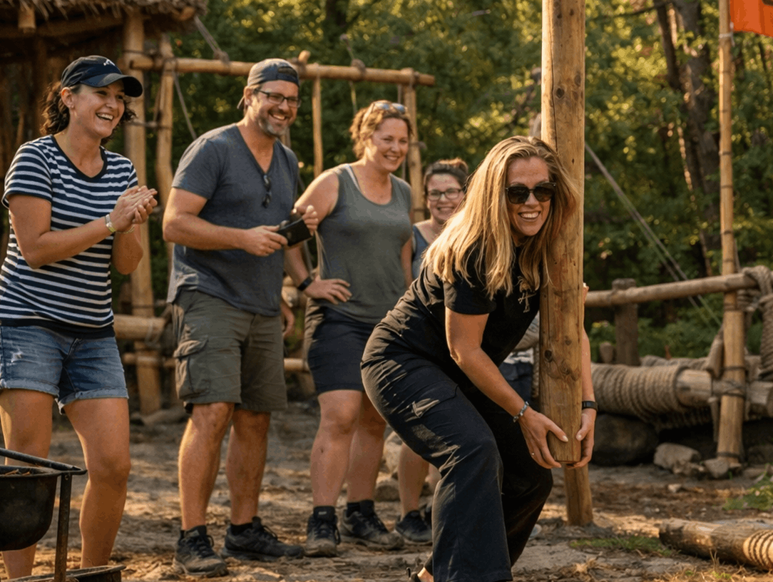Blije mensen spelen highland games