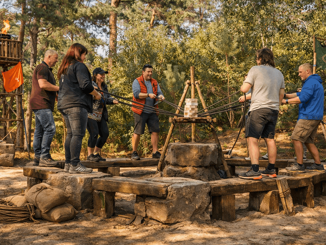 Blije mensen spelen Expeditie De Bergen