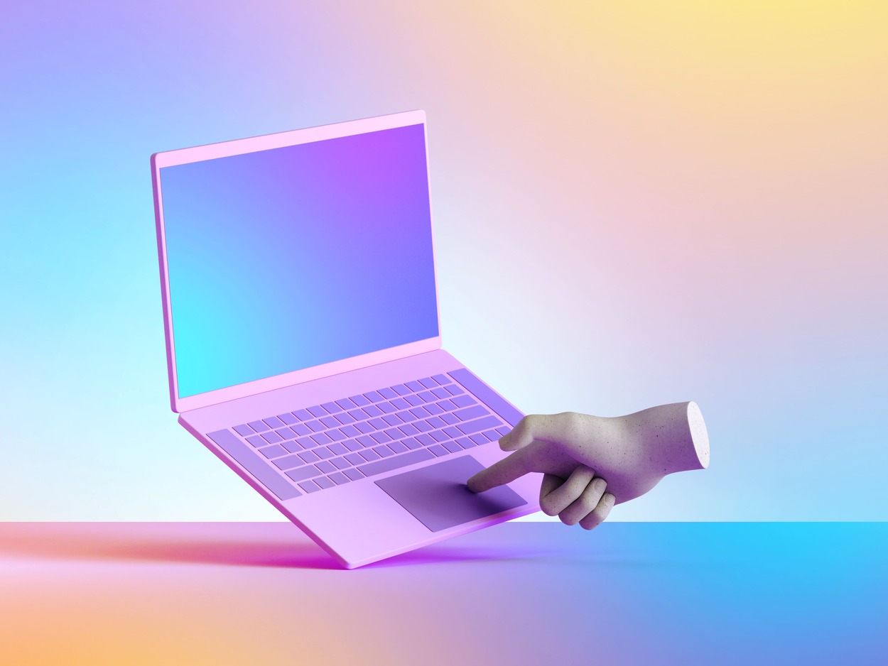 3D-Illustration eines modernen Laptops mit einer Hand auf dem Touchpad, Symbol für digitale Arbeit, Social Media Marketing und Online-Workshops