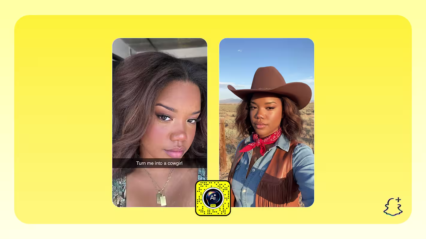 Snapchat Imagine Lens verwandelt ein Selfie in ein Cowgirl-Bild mit Cowboyhut und Halstuch