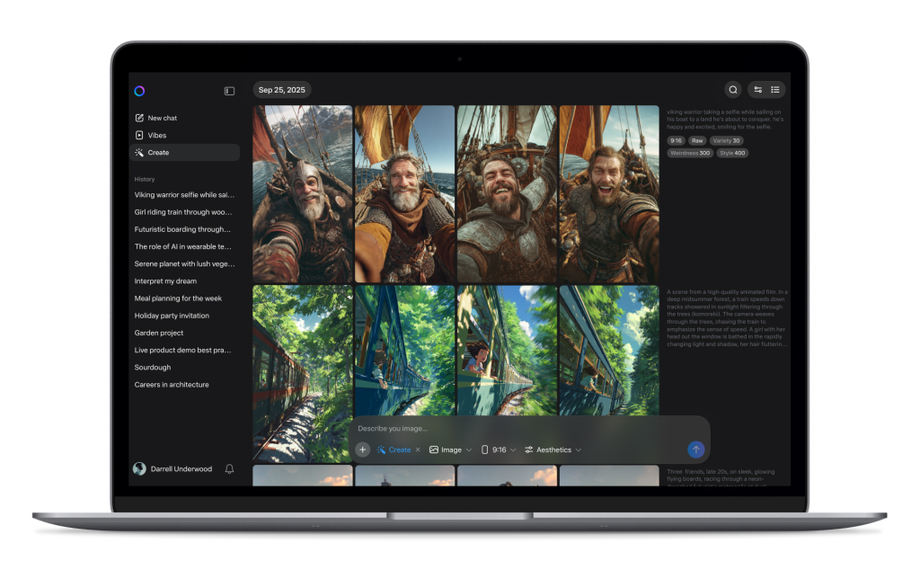 Laptop mit geöffneter Meta AI Oberfläche, die Vibes-Feed zeigt. Auf dem Bildschirm sind KI-generierte Bilder zu sehen, darunter Wikinger-Selfies und Zugfahrten durch eine Waldlandschaft.