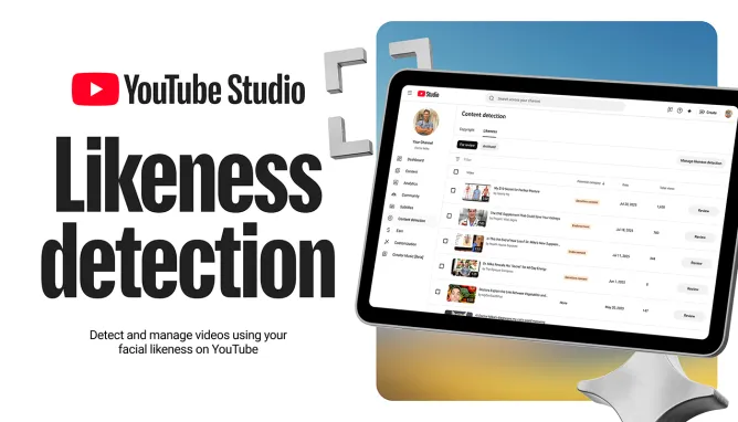 YouTube Studio Titelkarte für Likeness Detection, Monitor mit Content-Detection-Ansicht zur Erkennung dargestellter Personen in Videos.