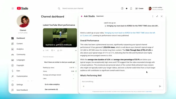 YouTube Studio Dashboard mit Ask Studio Experiment, das Creator:innen KI-gestützte Einblicke und Performance-Analysen liefert.