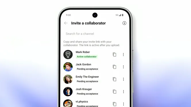 YouTube Studio Oberfläche auf Smartphone: Einladung zur Kollaboration mit Creator-Liste und Statusanzeige der Annahmen.