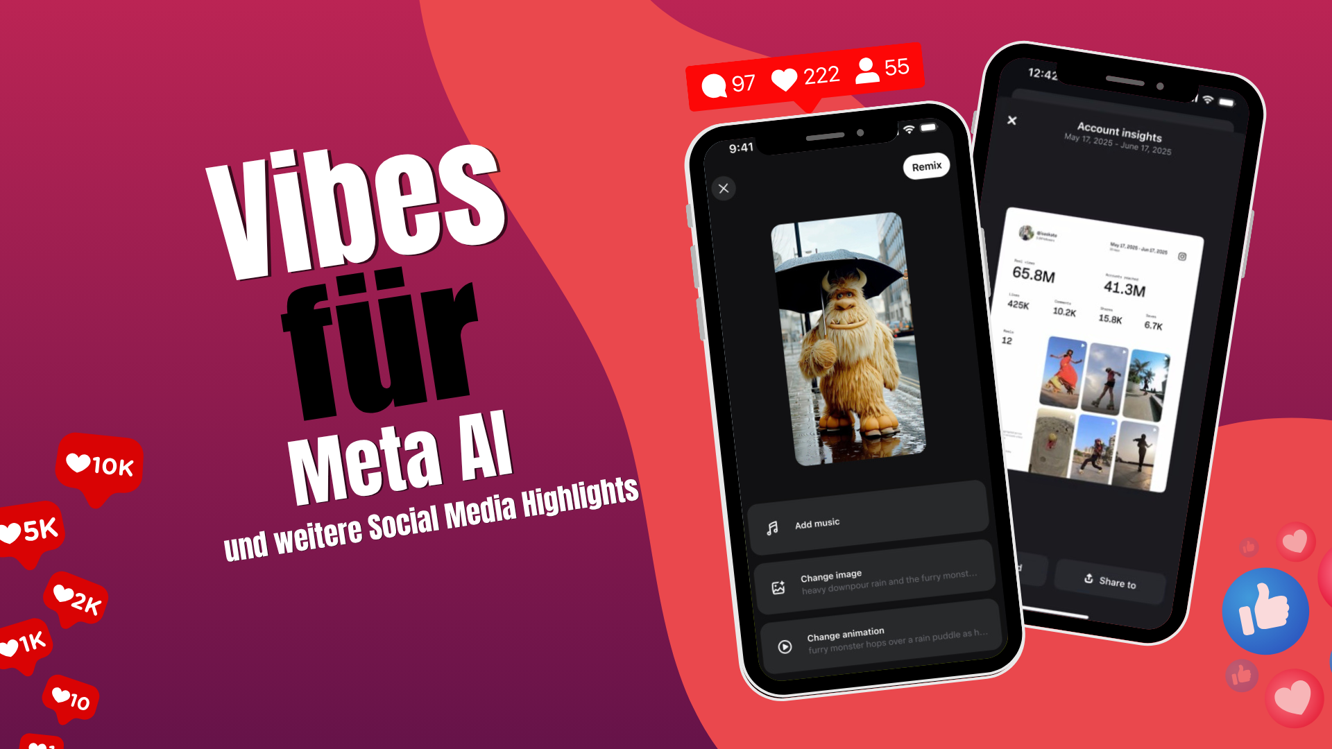 Social-Media-Grafik zu Vibes für Meta AI mit Smartphones, die KI-Videos und Instagram-Insights zeigen, umgeben von Like- und Kommentar-Symbolen.