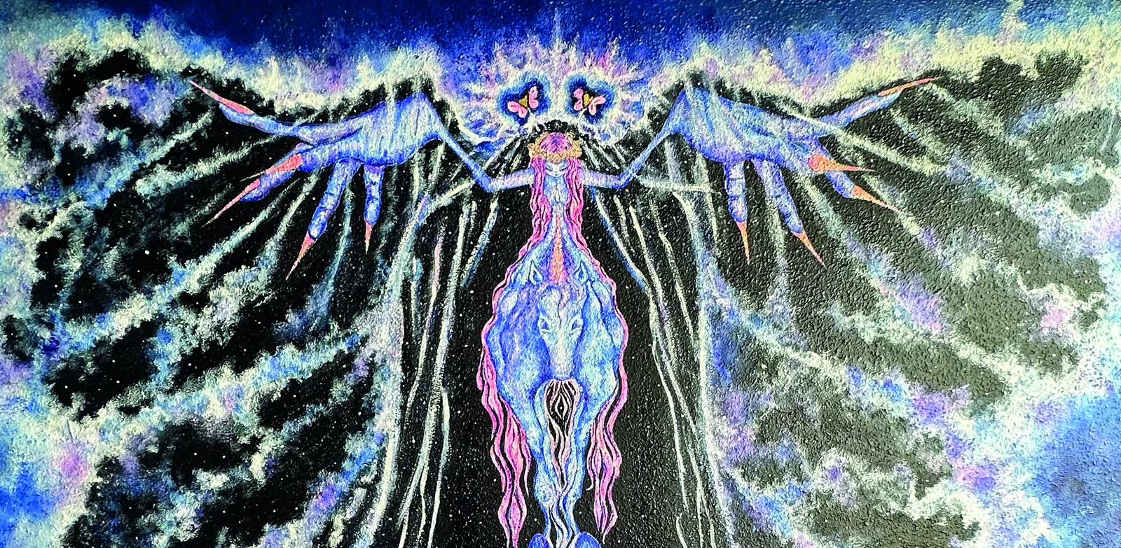 Peinture de Sandra : figure aux ailes déployées