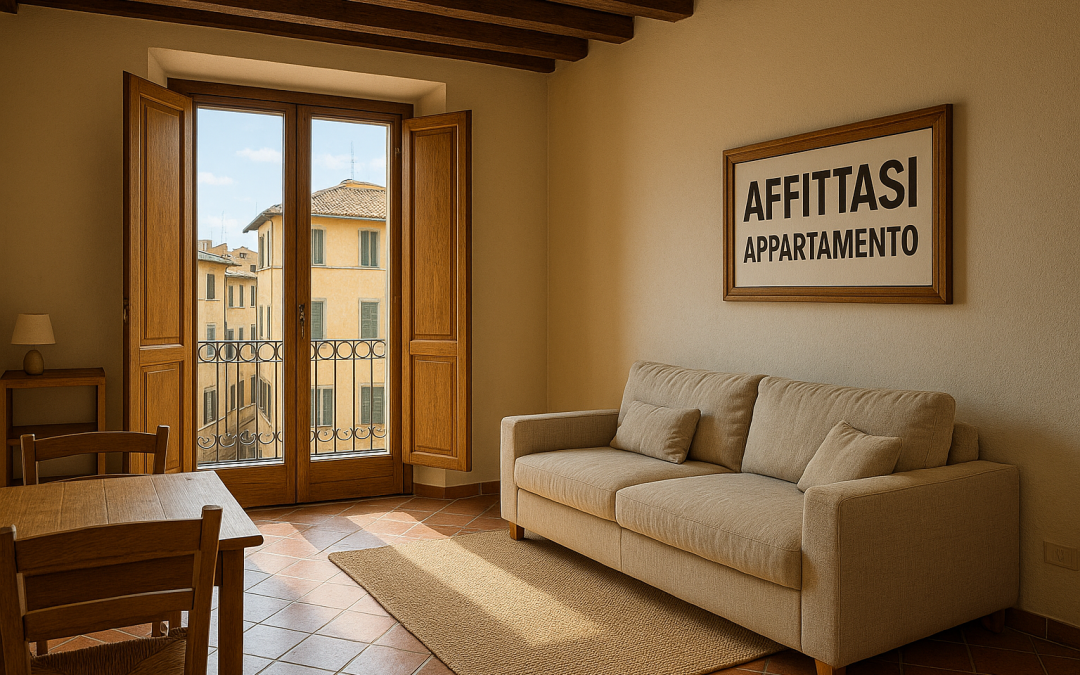 Светлая комната с бежевым диваном, деревянным столом и открытыми дверями на балкон с видом на здания.