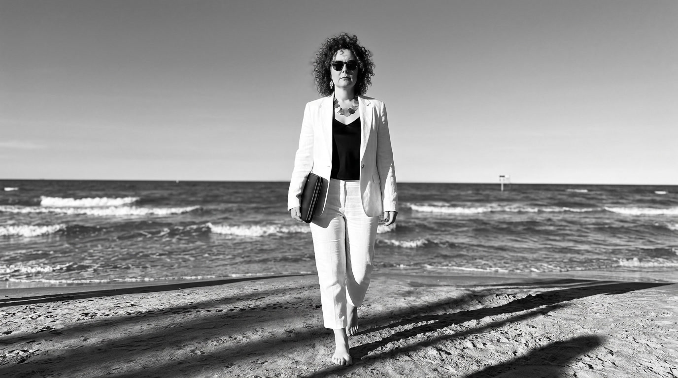 Женщина в белом костюме и темных очках идет босиком по пляжу на фоне моря.