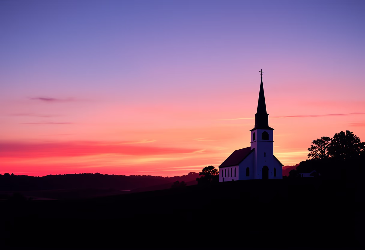 [background image] image of sunrise over a church steeple