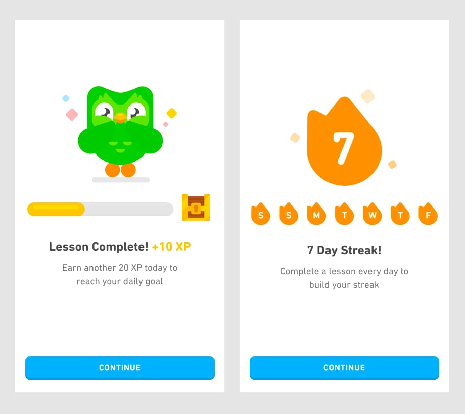 Screenshots of Duolingo streaks, Slack notifications, and Notion progress bars showing engagement loops in popular apps